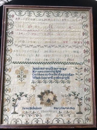1800’s Alphabet Sampler Needle Point Cross Stitch Signed,  Dated 1841 Two Artists