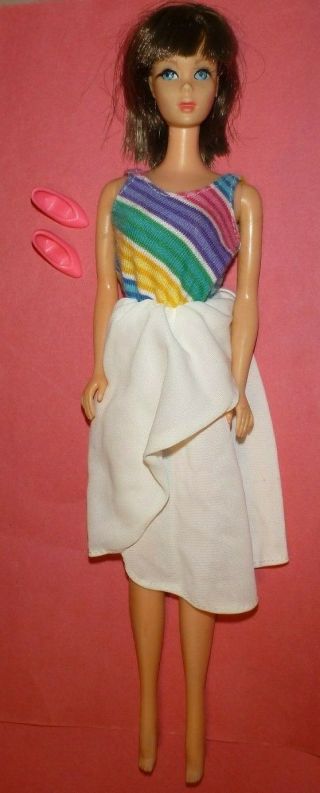Vintage Barbie Doll Tnt Brunette Blue Eyes Best Buy Striped White Dress Japan