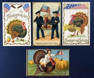 4 Patriotic Thanksgiving Antique Postcards,  1900s Turkeys,  Children W Value