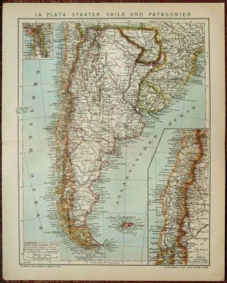 1900 Antique Map Of Argentina,  Chile,  Uruguay.  Patagonia.  South America.  Vintage