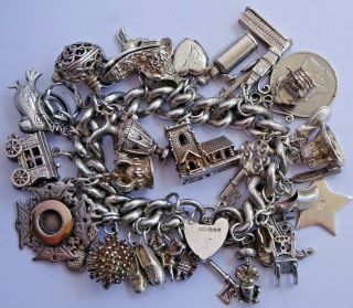 Huge Vintage Solid Silver Charm Bracelet & 33 Charms,  Rare,  Open.  Move,  171.  5g