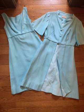 Vintage 60s Emma Domb Blue Silk Linen 2 Piece Dress & Jacket Coat Suit Xsmall