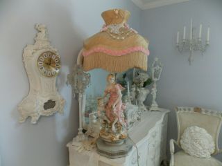 Lg.  Vtg.  Porcelain Italy Capodimonte Lady & Cherub Boy Lamp W/ Fringed Shade
