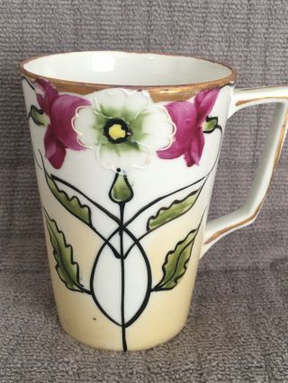 Antique Hand Painted Nippon 4” Chocolate Cup With Gold Trim Purple White Flowers