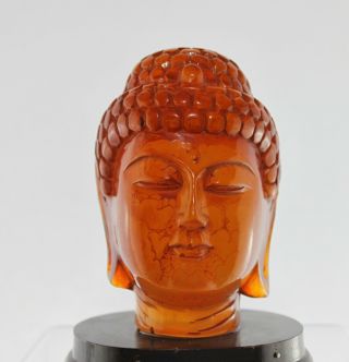 Quality Vintage Chinese Hand Crafted Amber Resin Buddha Head On Wooden Stand