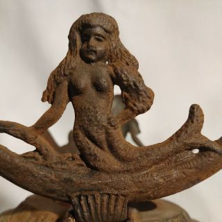 Antique Art Deco Nude Mermaid Cast Iron Fish Bowl Stand Holder Vtg Old