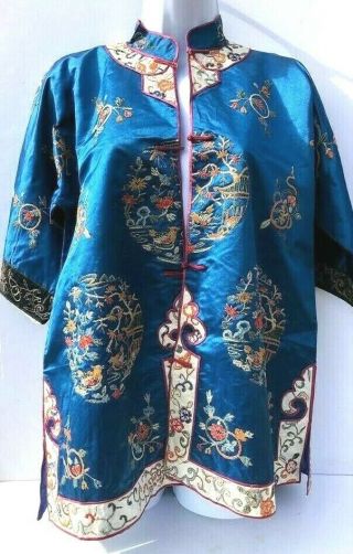 Antique Chinese Heavily Embroidered Robe Cobalt Blue Silk Size Xs