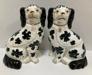 2 Antique Vintage Mid Century Staffordshire Black & White Spaniel Dogs Statues