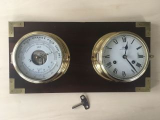 Vintage Schatz Royal Mariner Ship Bell Clock & Barometer Set On Wood Wall Mount