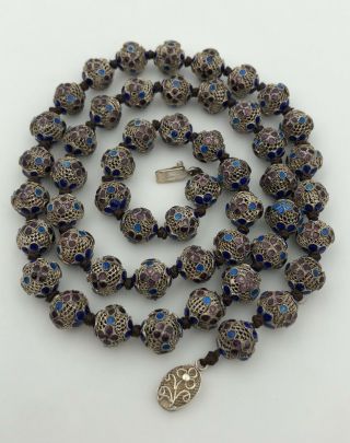 Antique Old Chinese Export Silver Cloisonné Enamel Filigree Ball Beads Necklace