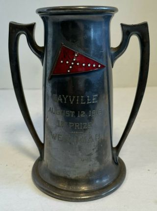 1915 Art Nouveau Reed & Barton Plated Trophy With Red Enamel Flag Sayville Li Ny