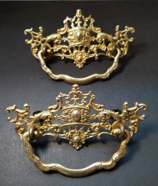 2 Matching Victorian Ornate Cast Brass Antique Drawer Handles Pulls Bails