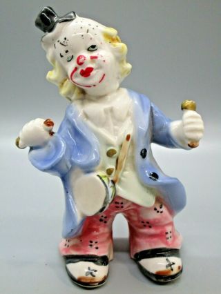 Vintage Lefton Ceramic Hand Painted Drumming Clown Figurine 5 " Tall