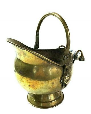 Vintage Dutch Copper & Brass Coal Scuttle Pail Ash Bucket Delft Ceramic Handle