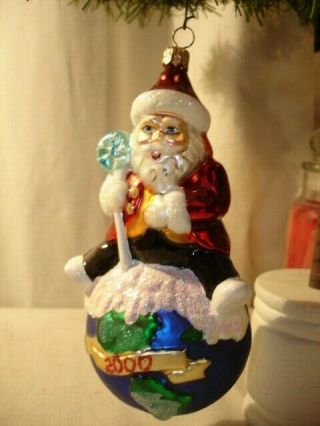 Year 2000 Blown Glass Christopher Radko Christmas Ornament Santa Claus On Globe