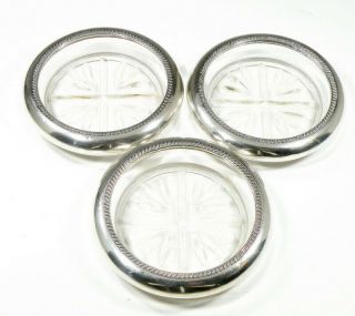 Set Of 3 F.  B.  Rogers Silver Co Sterling Silver Glass Coasters Royal Rose Pattern