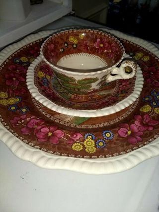 Antique Spode Copeland Delft Warwick Castle Dinner Plate,  Tea Cup And Saucer Set