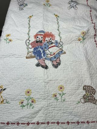 Vintage Homemade Raggedy Ann & Andy Baby Quilt Blanket Satin Trim Cross Stitch