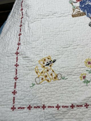 Vintage Homemade Raggedy Ann & Andy Baby Quilt Blanket Satin Trim Cross Stitch 3