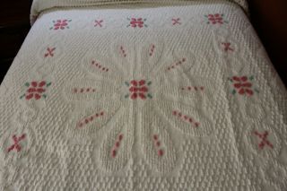 Vintage White With Pink Floral Design Cotton Chenille Bedspread Double 92x112