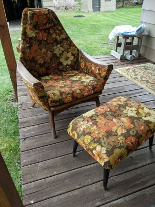 Midcentury Modern Lounge Chair W/ Ottoman Floral Material Wood Frame