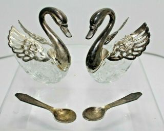 Set Of 2 Crystal Glass Swan Silver Plated Salt Dishes W/ Spoons Made In Italy