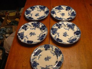 4 Antique Cauldon Flow Blue " Messina " Dinner Plates & 1 Soup Bowl Dated 1845 6