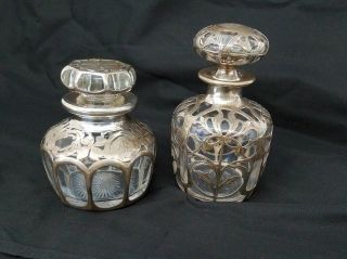 Antique Art Nouveau Monogram Glass Decanters With Sterling Silver Overlay