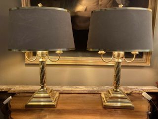 Vintage Brass Bouillotte Table Lamps With Suede Shades