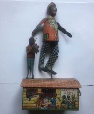 Antique Wind Up Tin Toy 1921 Deluxe Jazzbo Jim Dancer On Roof Fiddler Sidekick