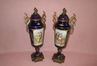 Antique 19th C.  Sevres Style French Porcelain Urns Hand Painted Signed Lucien