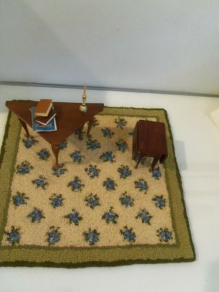 Vtg 1:12 Dollhouse Miniature 2 - gateleg tables,  rug,  books candle stick 2