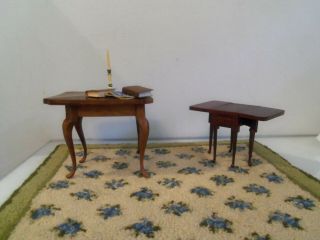 Vtg 1:12 Dollhouse Miniature 2 - gateleg tables,  rug,  books candle stick 3