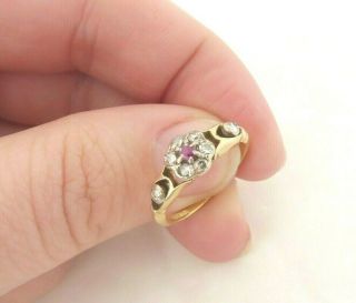 18ct Gold Ruby Old Cut Diamond Cluster Ring,  Antique 1900