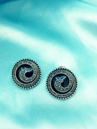 Vintage Art Deco Sterling Silver Onyx Marcasite Pierced Earrings