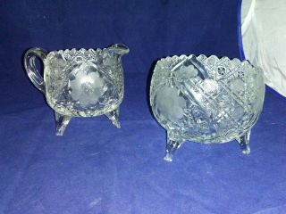 Vintage Cut Glass Footed Cream And Sugar Set Heavy Etched Flower Design Euc