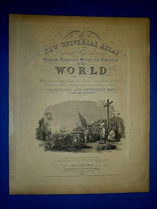 1849 S A Mitchell Universal Atlas Title Page Landing Of Columbus Authentic