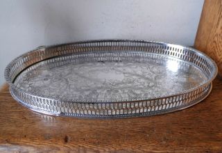 Lovely Vintage 1930 - 50s Sheffield Silver Plated Chased Oval Pierced Gallery Tray