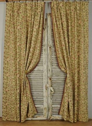 Pair Long Vintage French Cotton Brocade Curtains / Drapes - B1409a