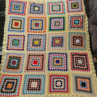 Vintage Handmade Hand Crochet Multi Coloured Square Blanket Throw Rug Knitted