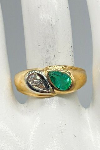 Antique 1940s $3000 1.  25ct Pear Cut Colombian Emerald Vs H Diamond 14k Gold Ring