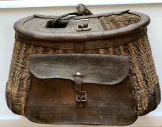 Vintage “macmonies” 50 5 Handmade Fishing Creel Basket Wicker Leather With Ruler