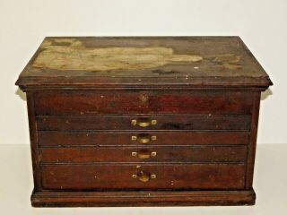 Antique Industrial Wood 4 Drawer Machinist Tool Chest Storage Box Vtg Cabinet