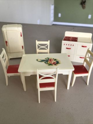 Vintage Plastic Renwal Dollhouse Furniture Kitchen Set Stove Refrigerator Dining