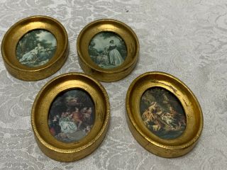2 Pair Florentine Framed Miniature Italian Vintage Pictures Oval Gold Gilt Wood