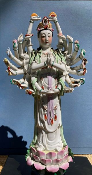 Porcelain Stand Lotus 1000 Arms Kwan - Yin Guanyin Quan Yin Statue 16 " [41cm] Ht