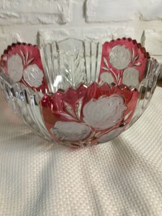 German Clear Lead Crystal Bowl Cranberry Flash & Clear Etched Rose Design