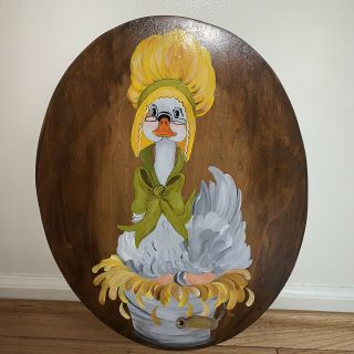 Vintage Goose Wooden Wall Plaque Hand Painted Signed 19x14 Fun Whimsical