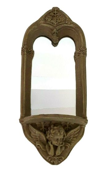 Vtg 14 " Resin Wall Shelf Sconce Mirror Cherub Angel Display Green Victorian