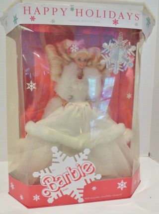 Vintage 1989 Special Edition Happy Holidays Barbie Doll - White - W/3d Snowflake